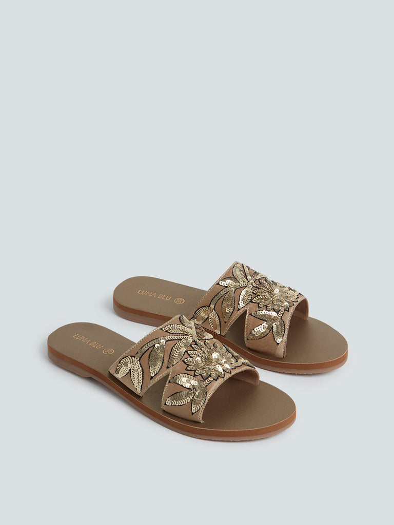 LUNA BLU Gold Sequinned Artisanal Sandals